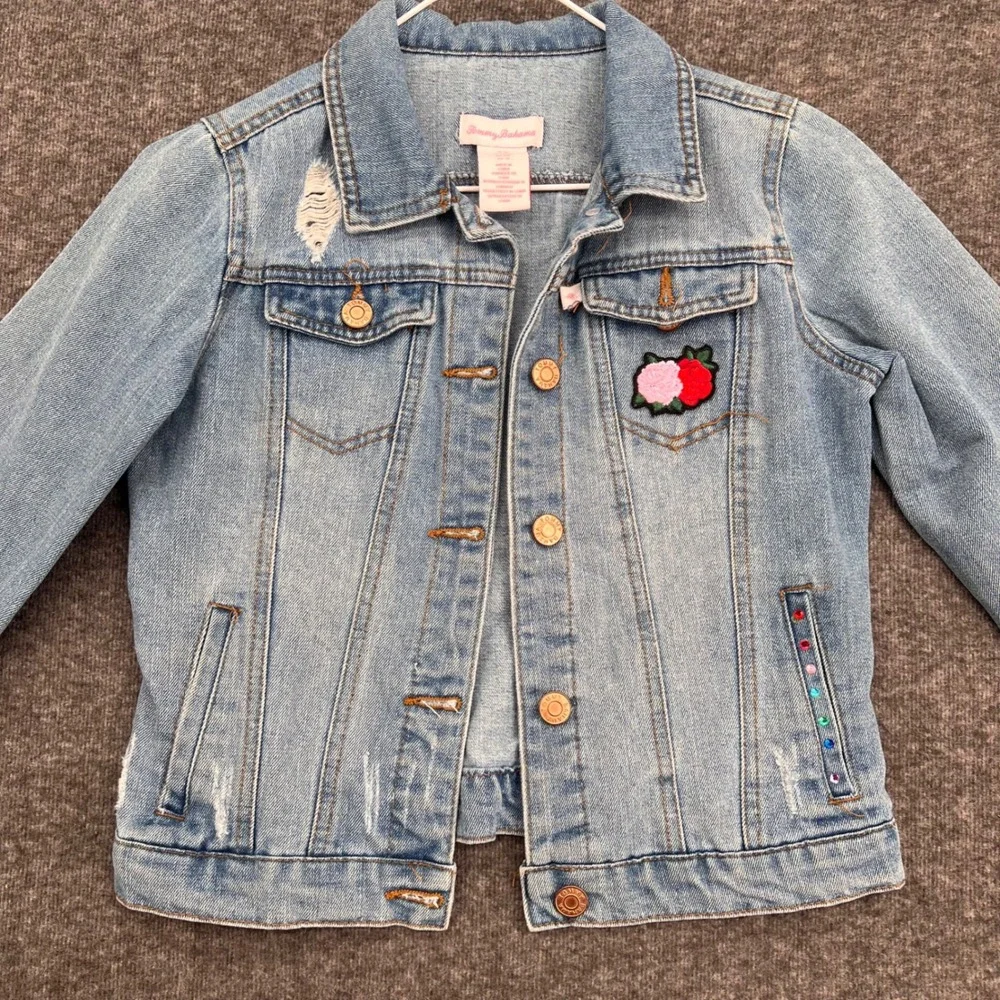 Tommy Bahama Kids 10 Denim Jacket Medium Wash Floral Rhinestone Distressed Blue